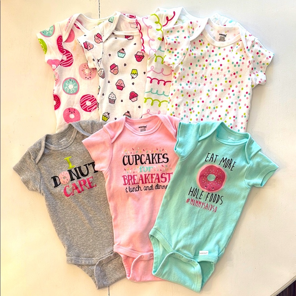 (7) Onesies Brand Baby Girl Short Sleeve “Sweet Treats” Bodysuits • Size 12M